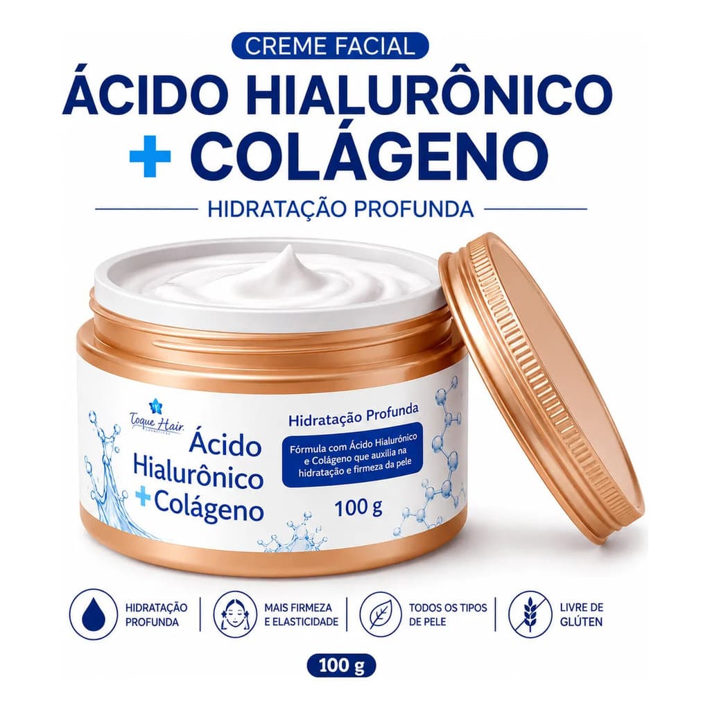 Creme Ácido Hialurônico + Colágeno Hidratante Facial 100g Hidratação Toque Seco.