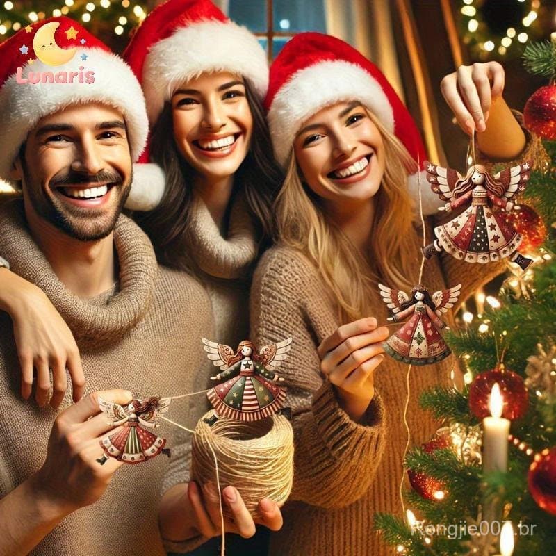 Lunaris 4 Peças Enfeites De Natal De Anjo De Madeira Feitos À Mão-Decoração Festiva Multicolorida Para Árvore , Casa E P