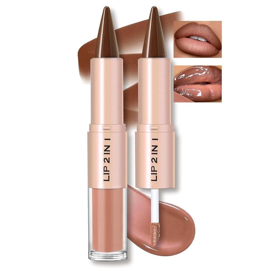 Conjunto de delineador labial e brilho labial HOSAILI, conjunto de brilho labial 2 em 1, delineador labial e batom marro