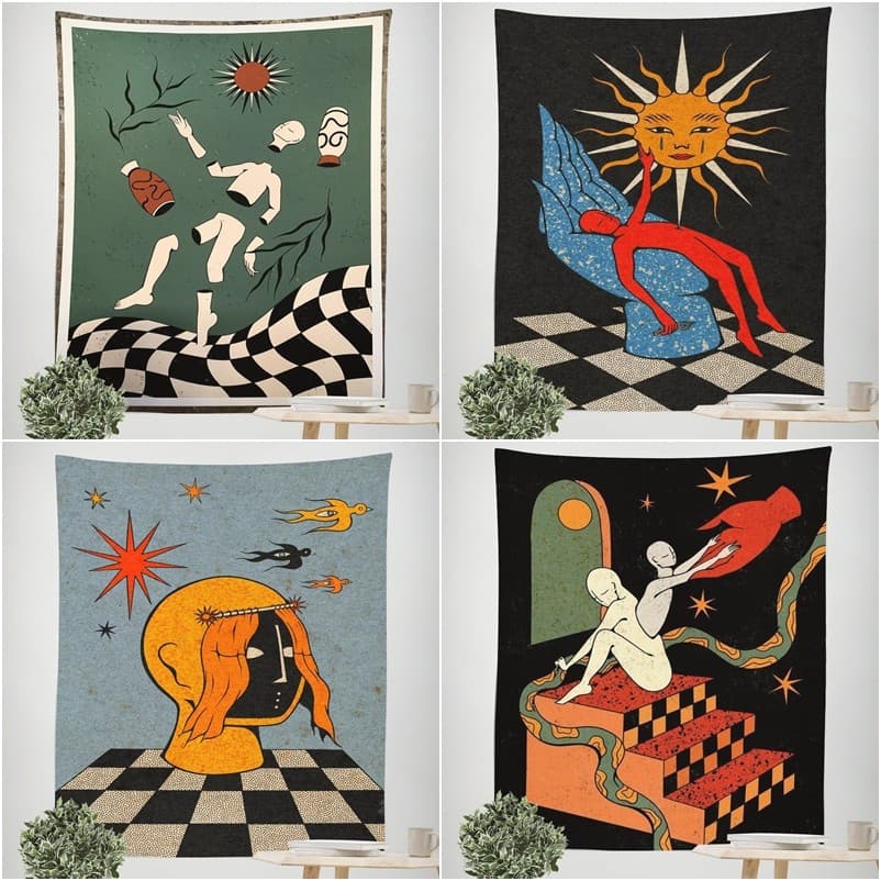 Tapeçaria estilo Morandi 230x180 cm, tecido decorativo para parede com tema misterioso e hippie, adequado para decoração