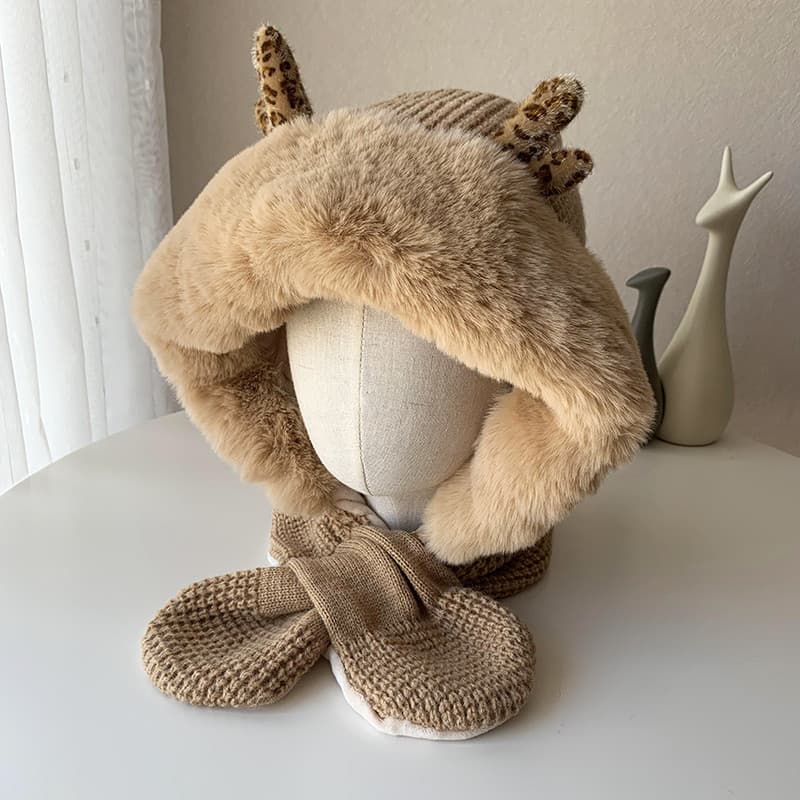 Chapéu de pelúcia cachecol um feminino inverno bonito chifres de natal malha quente chapéu moda All-Match cachecol chapé