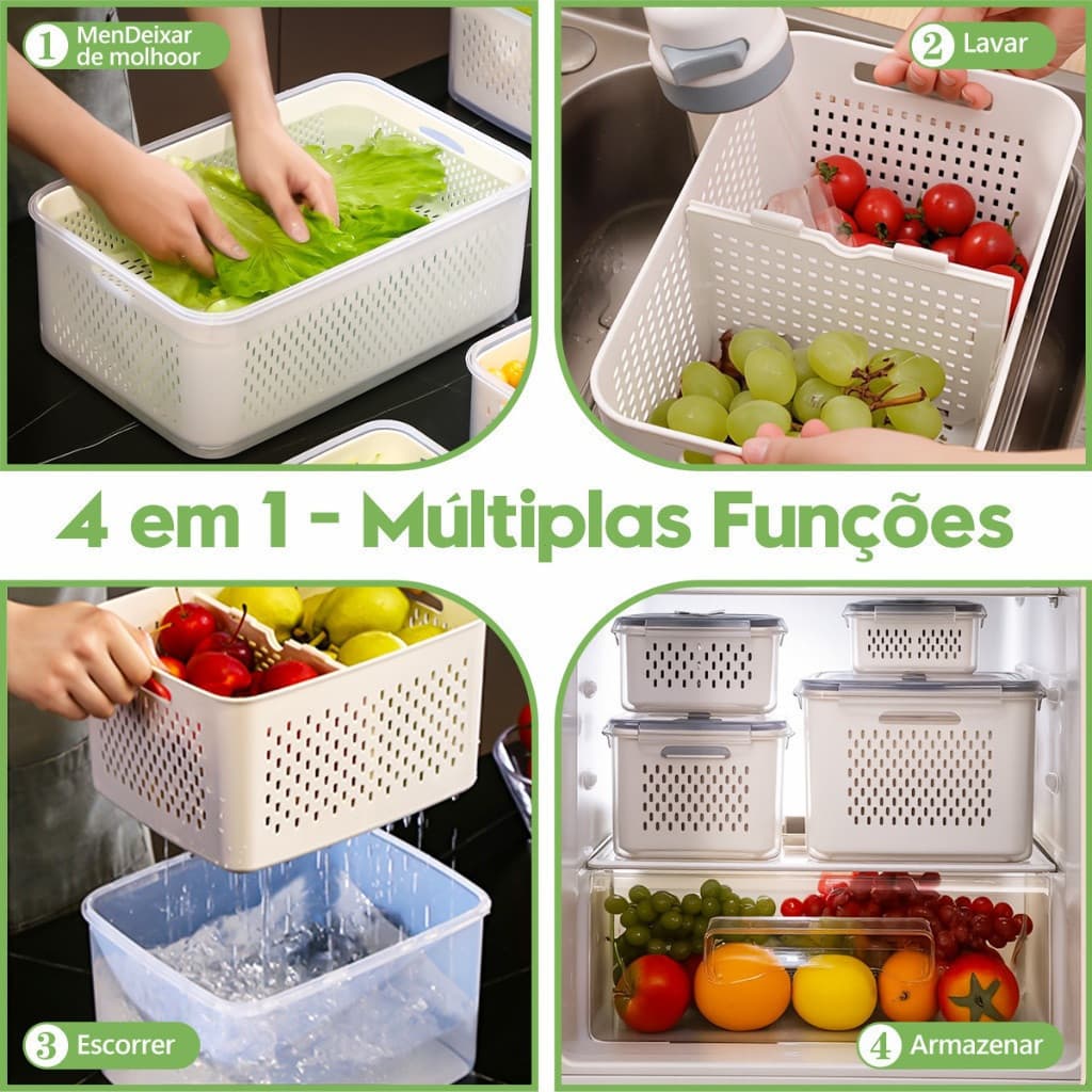 Pote Hermético com Cesto Drenagem e Alça – Organizador de Geladeira Empilhável para Frutas, Legumes e Saladas
