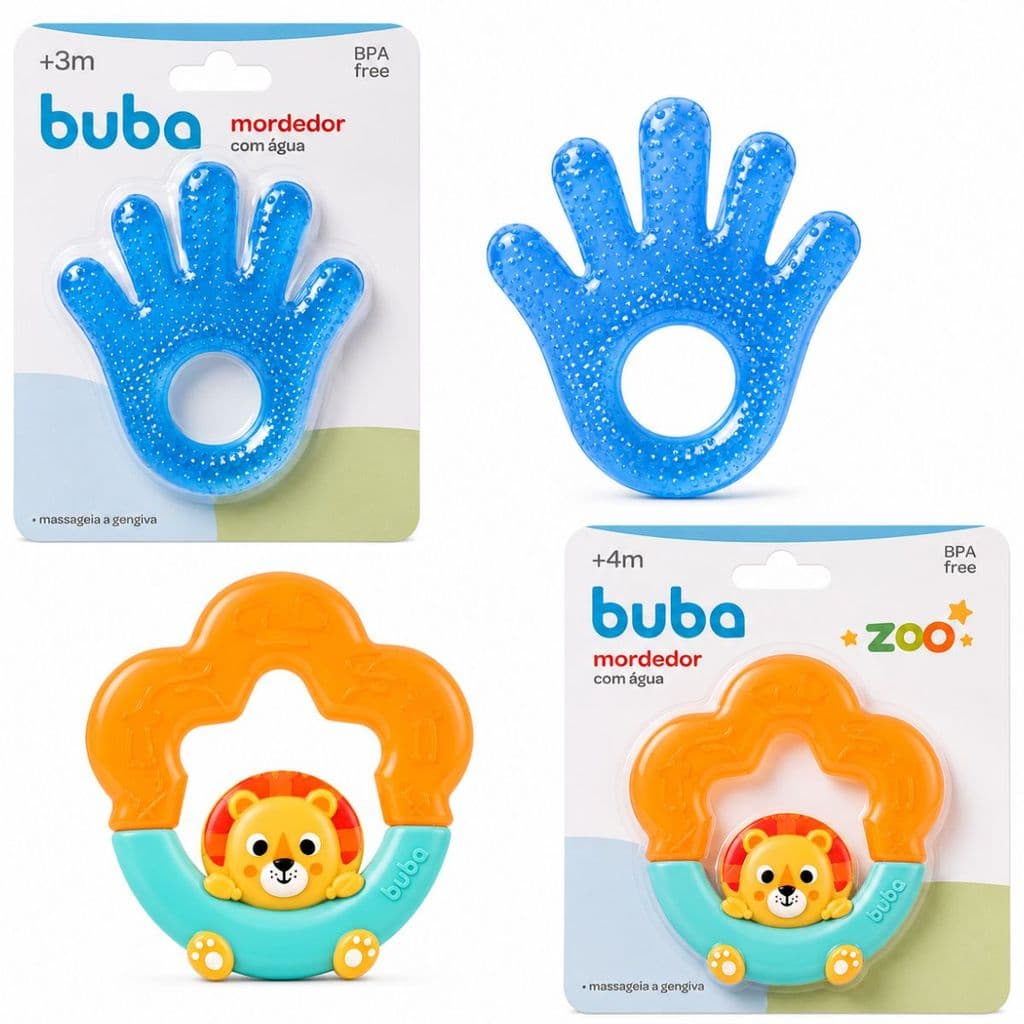 Mordedor Para Bebê Kit 2 Mordedores Buba com Água Leão Zoo + Mãozinha Azul Bebê Dentição Livre BPA