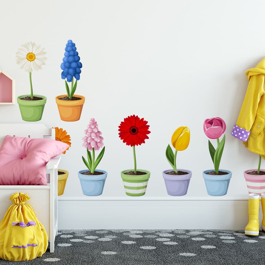 Adesivos de parede plantas dos desenhos animados flores vaso auto-adesivo adesivos de parede quarto das crianças jardim
