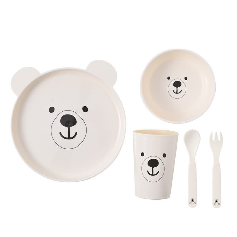 Conjunto de utensílios de mesa infantil em estilo cartoon, feito de material PP, inclui prato, copo, garfo e colher.