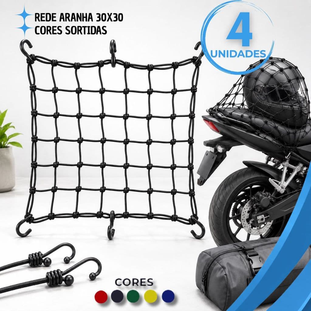 Kit 4/3/2/1 Rede Redinha Elástica Aranha 30x30 6 Ganchos Multiuso Moto Bicicleta P/ Prender Carga Baú Capacete