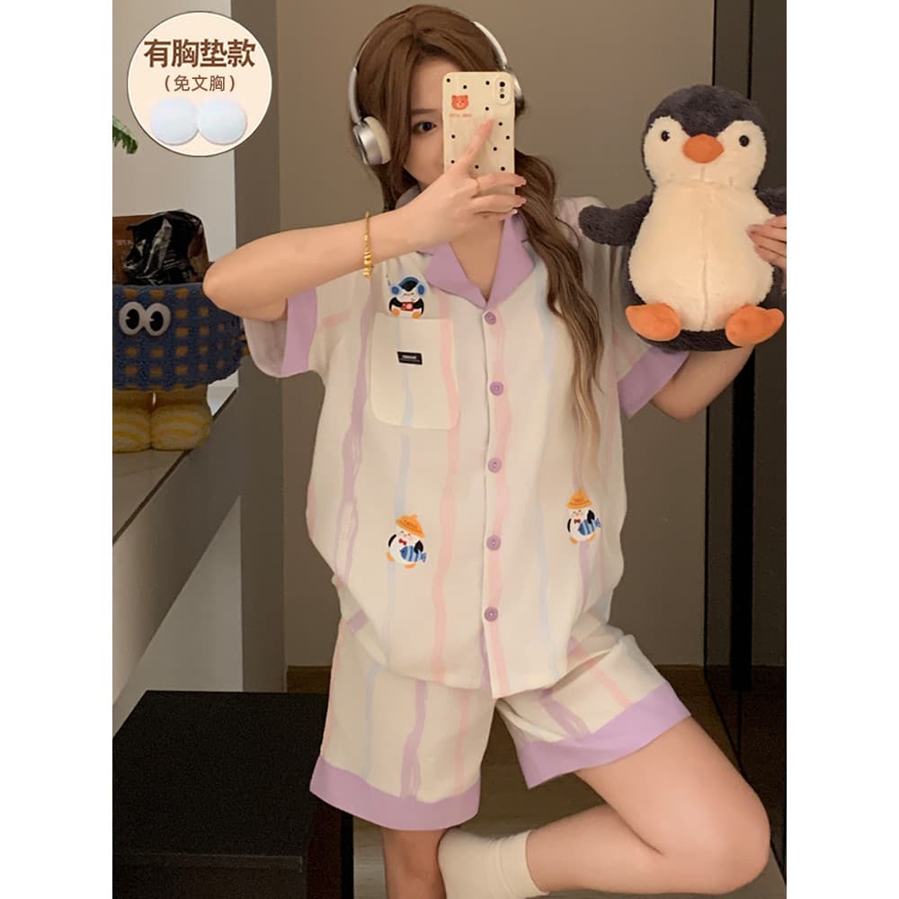 Pijamas com almofadas no peito feminino verão manga curta nuvem algodão puro algodão bonito dos desenhos animados pode u