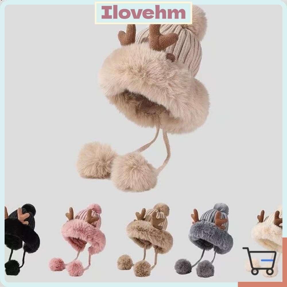 Gorro De Malha LUCKY-ILOVEHM , Chapéu De Caçador Grossa Com Design De Chifre De Veado , Pom-Detalhe De Pompom