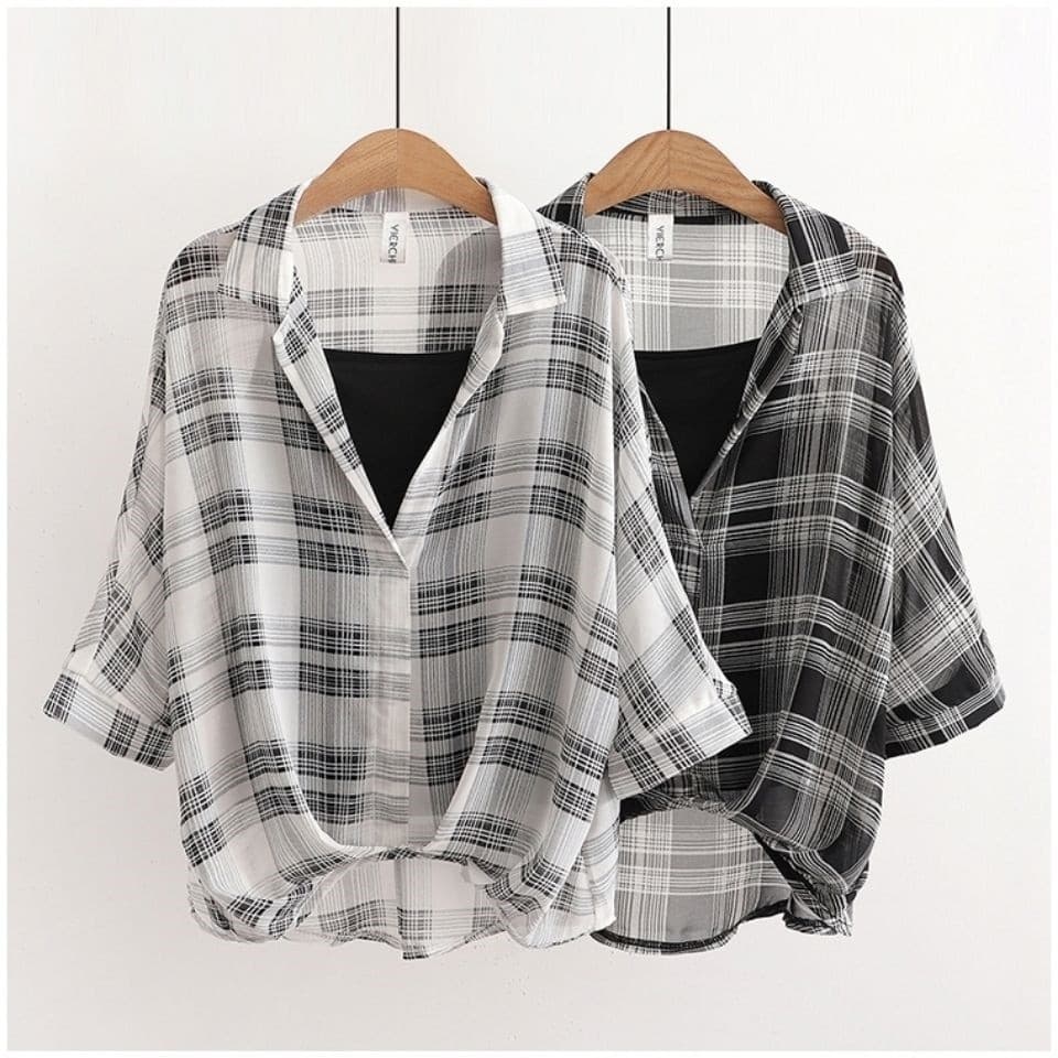 Verificado primavera verão bainha curta cintura estreita camisa xadrez camisola de duas peças topo feminino