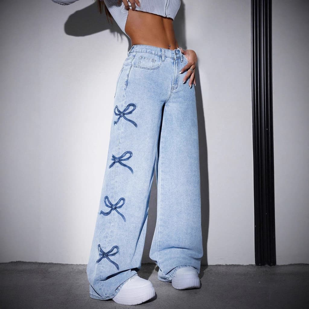 Calças Jeans Femininas Compridas Estampadas Retos De Perna Larga