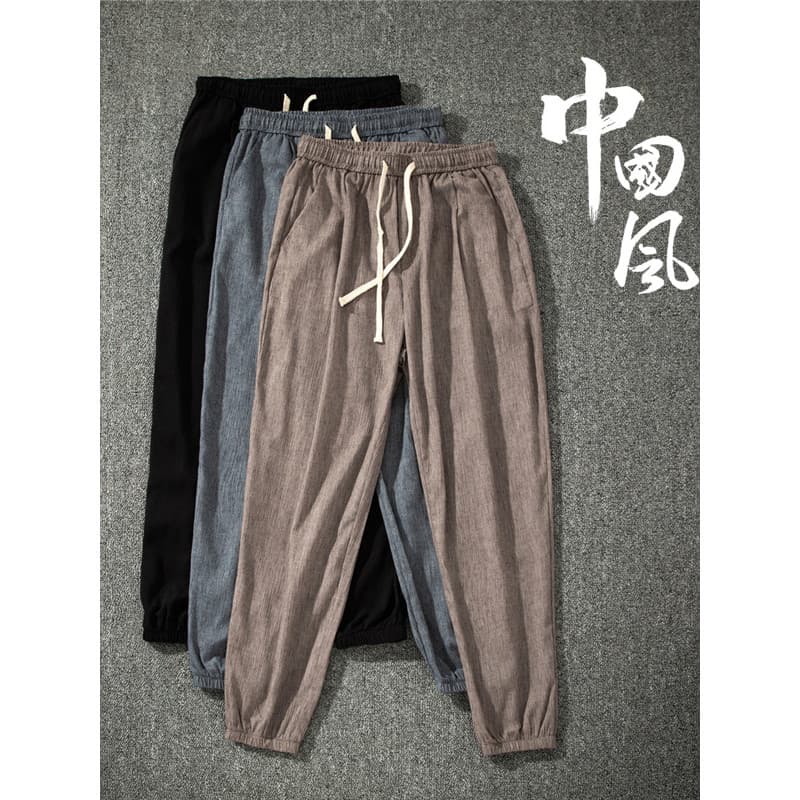 Calças masculinas verão estilo fino calças de seda gelo calças casuais masculinas algodão linho calças masculinas Street