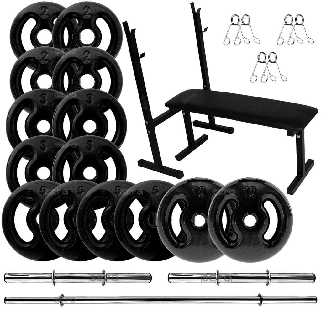 Kit Completo 60Kg Anilhas Emborrachadas Pretas com Barras + Banco para Supino