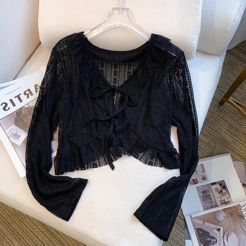 Renda francesa protetor solar Cardigan feminino preto curto topo com estilingue vestido exterior xale blusa feminina ver