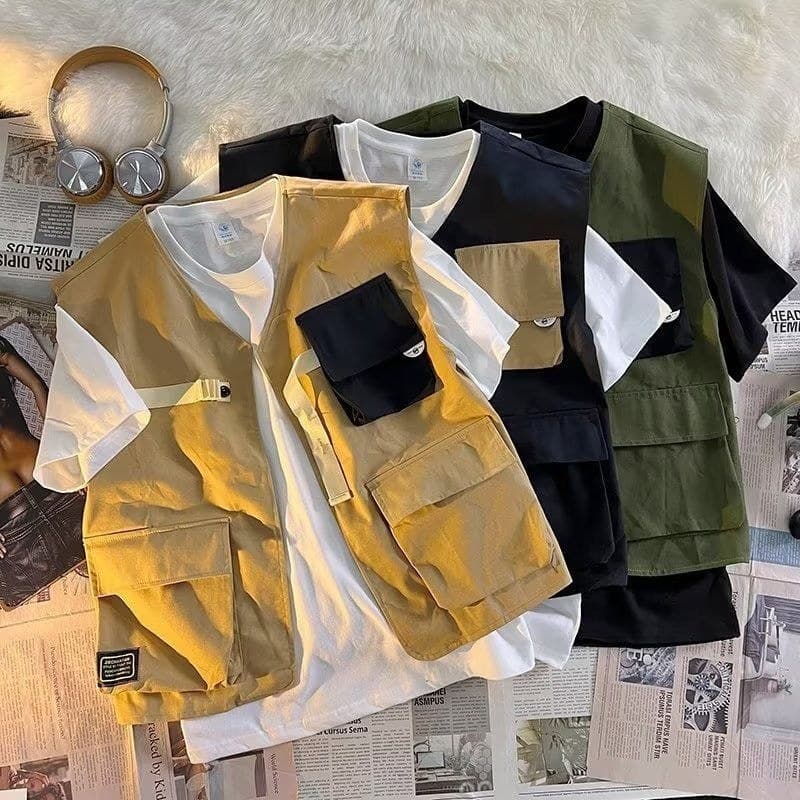 Estilo fino versão coreana preto ferramentas High Street colete solto casal All-Match colete masculino