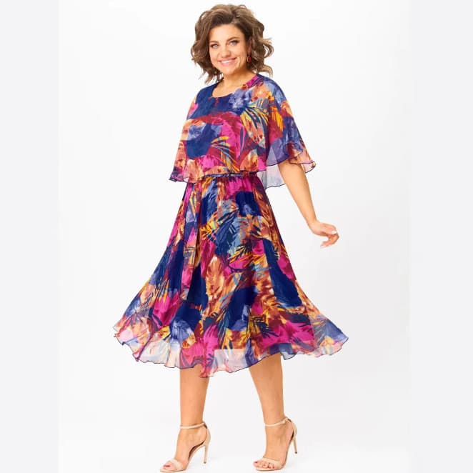 2026 Moda Transfronteiriço Novo Estilo Gaze Impresso Vestido Gola Redonda