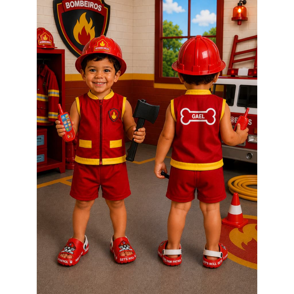 Kit Fantasia Infantil Marshall Personalizado + Brinquedo+ Sandália Patrulha Canina Roupa Conjunto C/Nome Sapato Conforto