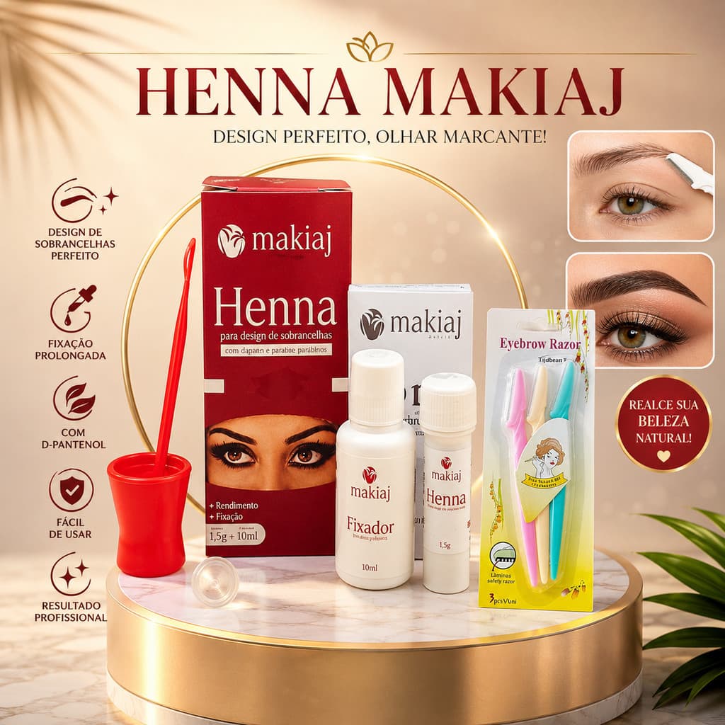 Kit Henna Sobrancelhas Profissional 5 Cores + Gel Fixador + 3 Lâminas, Design e Coloração Express com Acabamento Natural