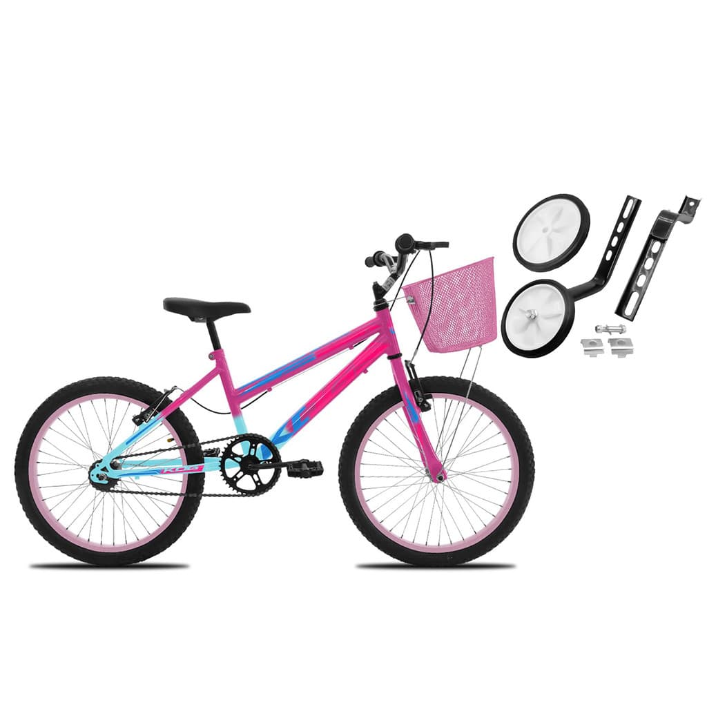 Bicicleta Infantil Feminina aro 20 Com Rodinha e Cestinha - Bicicleta Feminina KOG Infantil