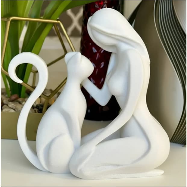 Escultura Mulher e Gato estilo minimalista - Decoração | Arte Decorativa para Presente