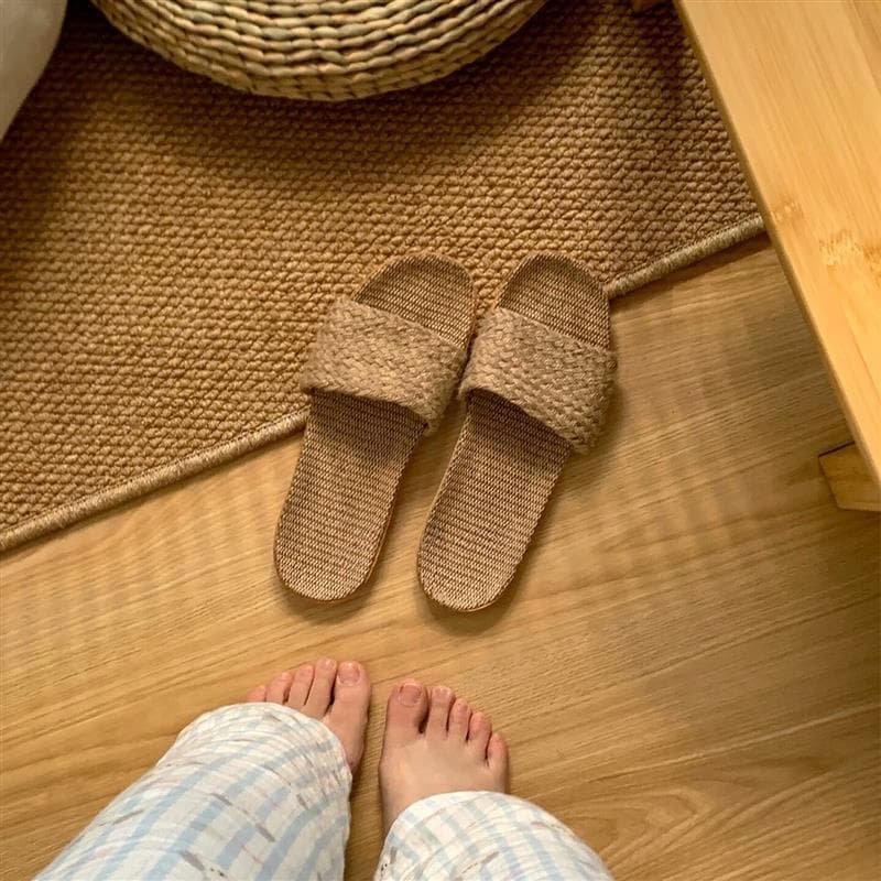 Chinelos de linho de palha feminino verão interior casa mudo High-End casa quatro estações antiderrapante confortável re
