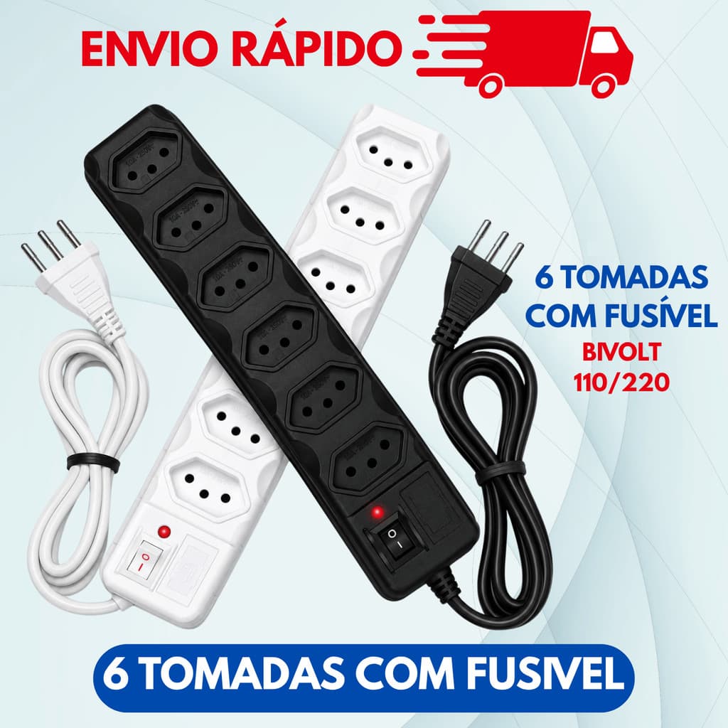 Filtro De Linha Régua De Tomadas  Com Fusível Tripolar 10 Amperes – 3 E 6 Tomadas