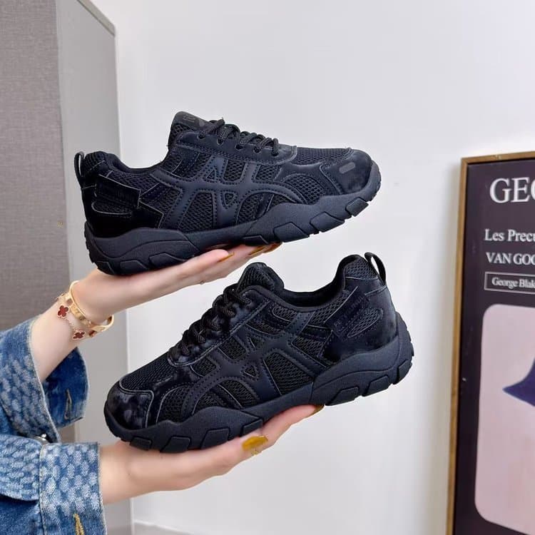 Tênis feminino estilo malha para caminhadas ao ar livre, tênis casuais esportivos duráveis com cadarço preto puro, resis