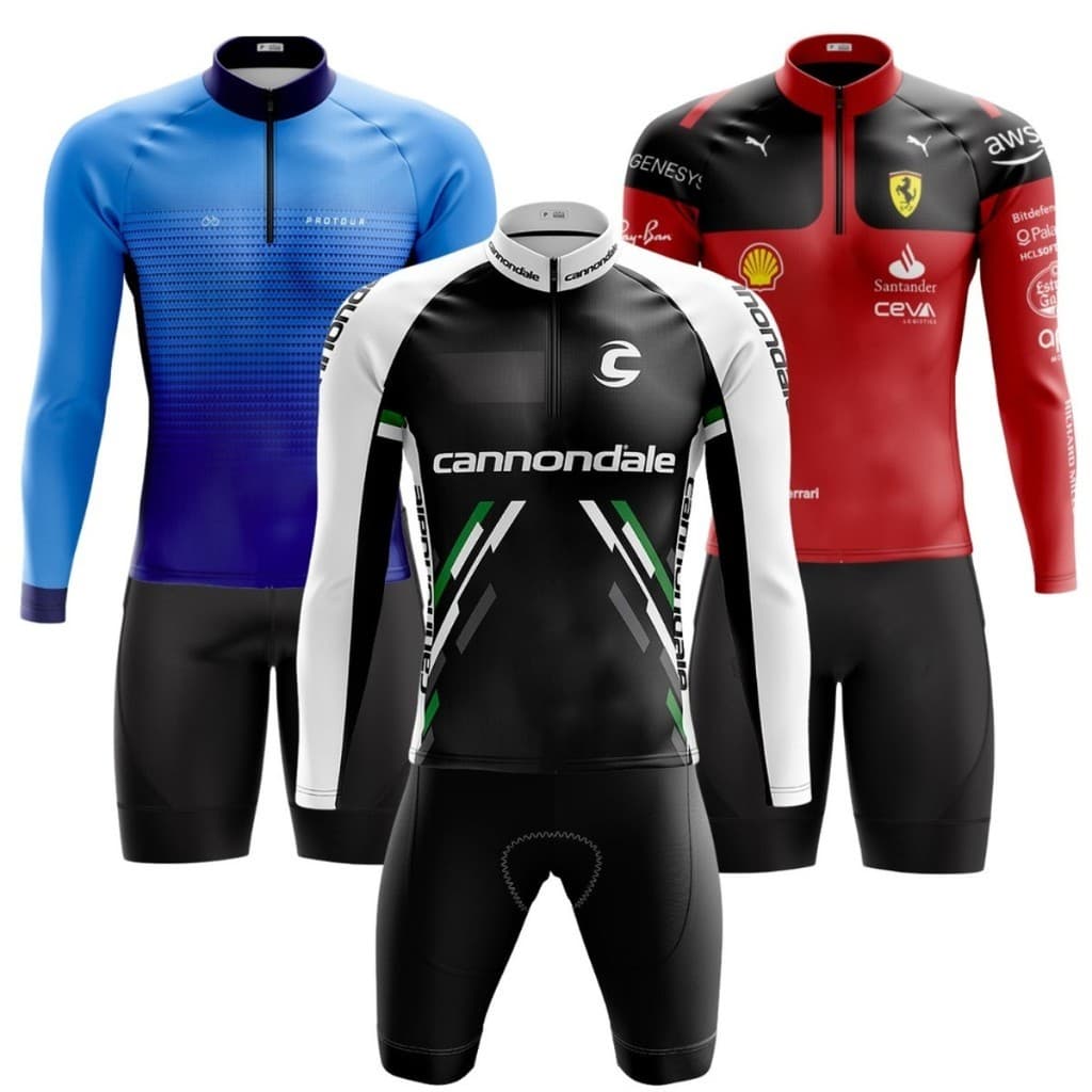 CONJUNTO CICLISMO MASCULINO BERMUDA E CAMISA MANGA LONGA PRO TOUR COM BOLSOS UV50+