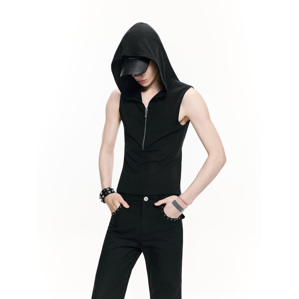 FRKM SCD 26SS Design Colete com capuz masculino meio zíper Y2K sem mangas camiseta preta