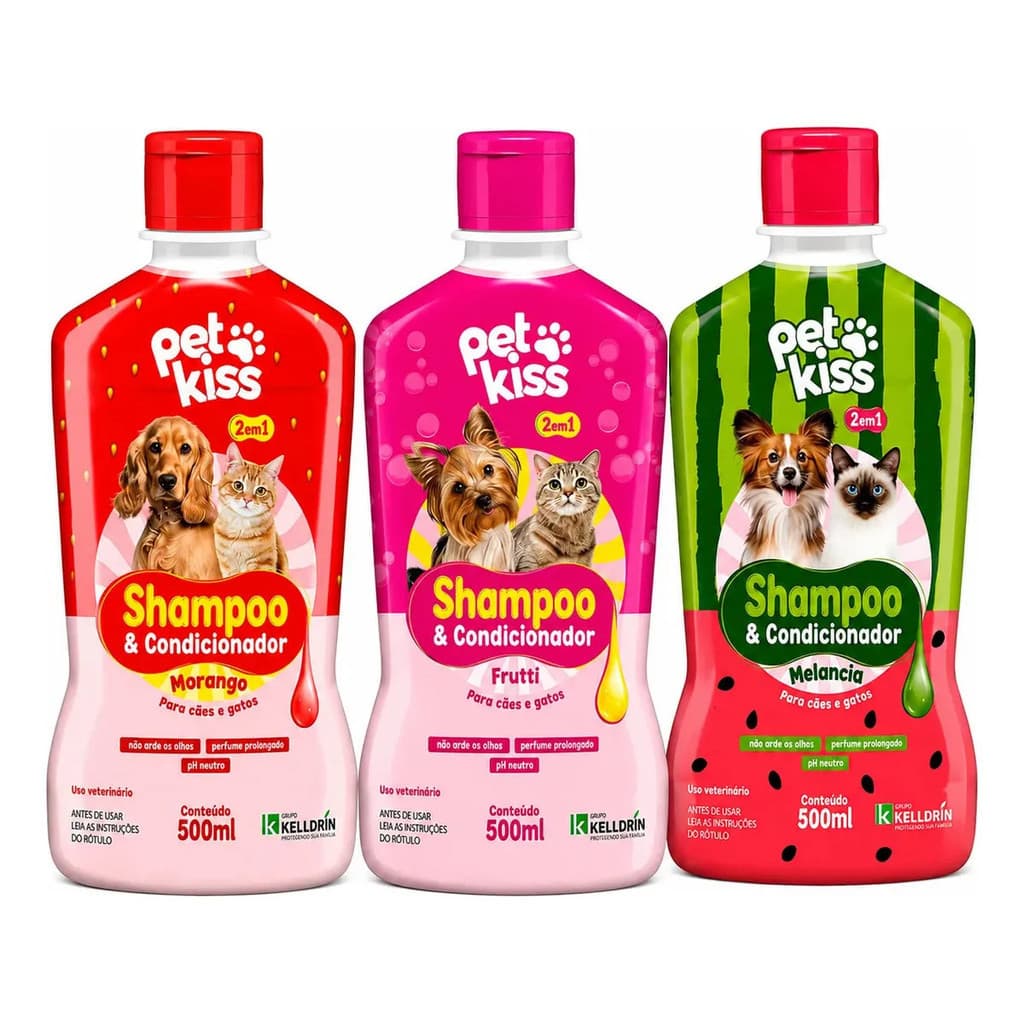 Trio Shampoo e Condicionador Pet Kiss 500ml 3 Fragrâncias para Pets