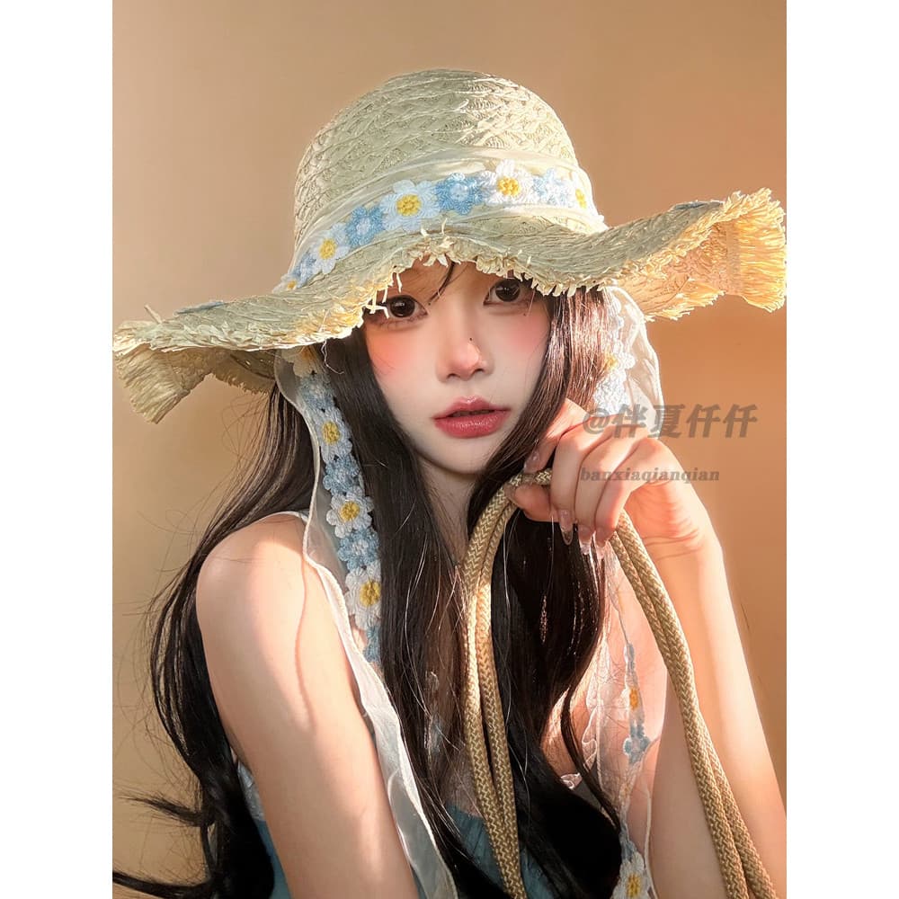 2026 novo estilo férias estilo flor chapéu de palha feminino verão aba grande protetor solar chapéu de sol beira-mar via