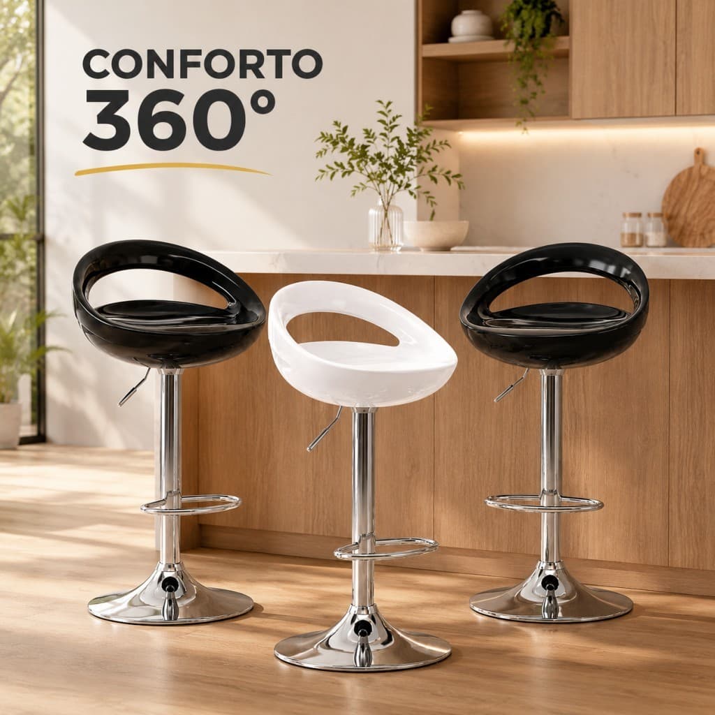 Banqueta Giratória Ajustável ABS, Base Metálica Cromada, Design Moderno Para Balcão Cozinha Ambiente Gourmet