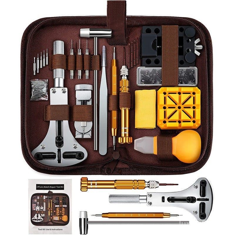 Kit relojoeiro 149 peças para reparo - Abridor de tampa, removedor de elos, pinça, estojo incluso