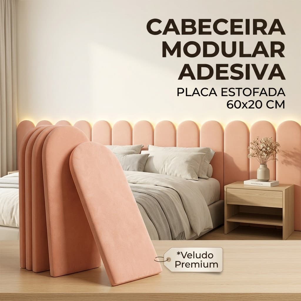 Cabeceira Modular Adesiva 60x20 Estofada Veludo MDF para Cama Solteiro Casal Queen King Sem Furar Parede Moderna Premium