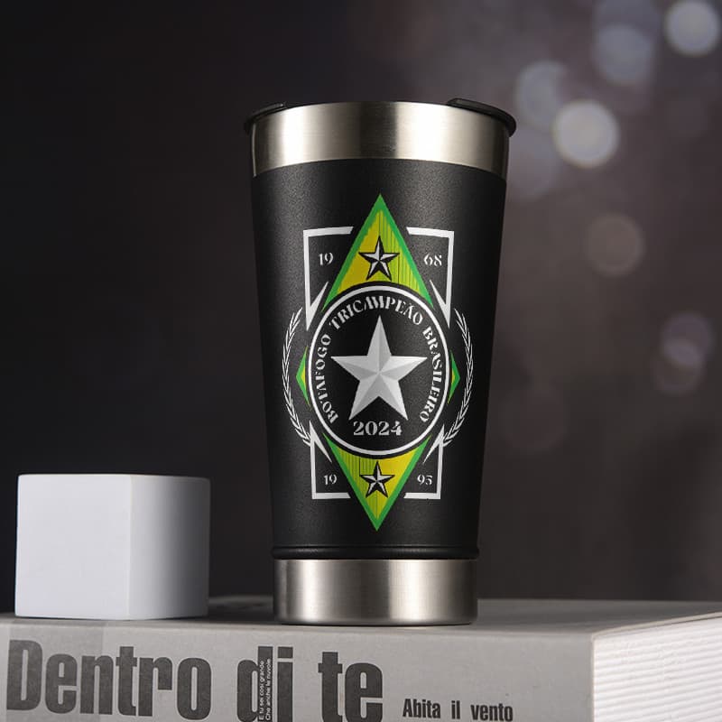 Copo térmico tumbler emblema estrela 473ml aço inoxidável com abridor de garrafas embutido e tampa parede dupla vácuo
