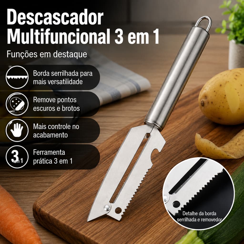 Descascador Faca Multifuncional 3 em 1 Aço Inox Manual com Fatiador e Descamador para Preparar Alimentos