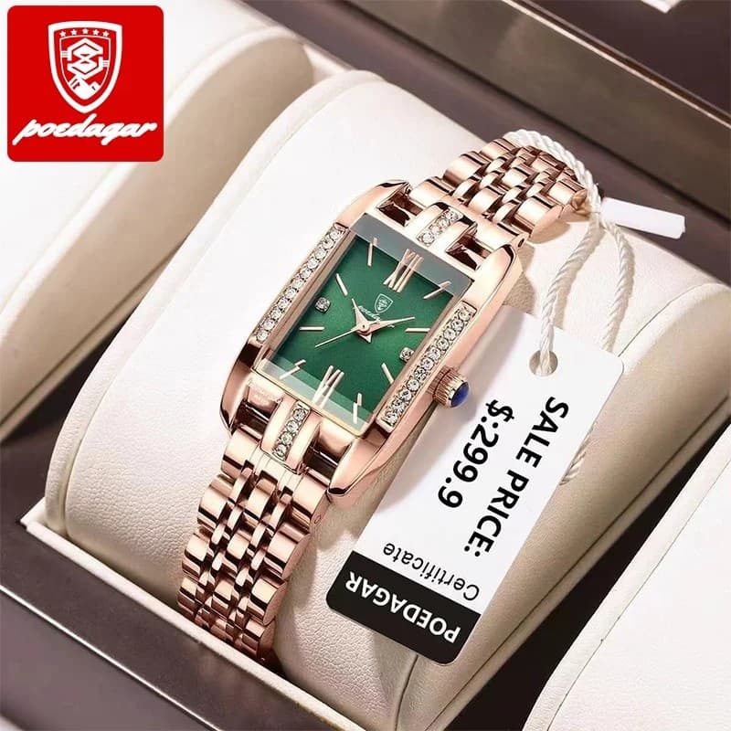 POEDAGAR Relógio Feminino Moda Luxo Diamante Verde Dial Quadrado Relógios De Quartzo Aço Inoxidável À Prova Dwaterproof