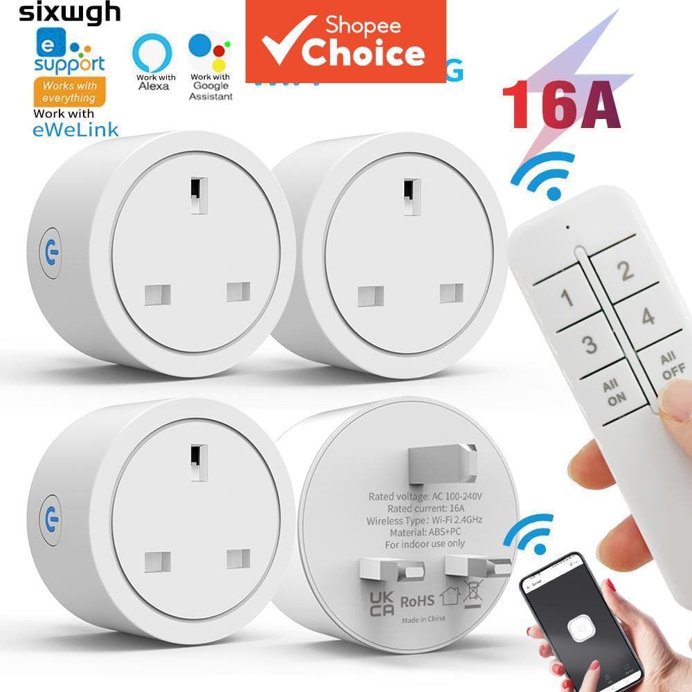 Um Conjunto De Tomada Inteligente 16A eWeLink WiFi , Interruptor Sem Fio Do Reino Unido Com Controle Remoto Para Alexa E