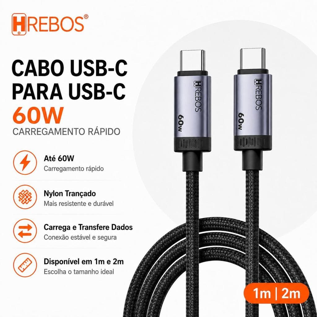 Hrebos Cabo USB-C para USB-C 60W | Carregamento Rápido | Nylon Trançado | 1m e 2m Carregamento rápido