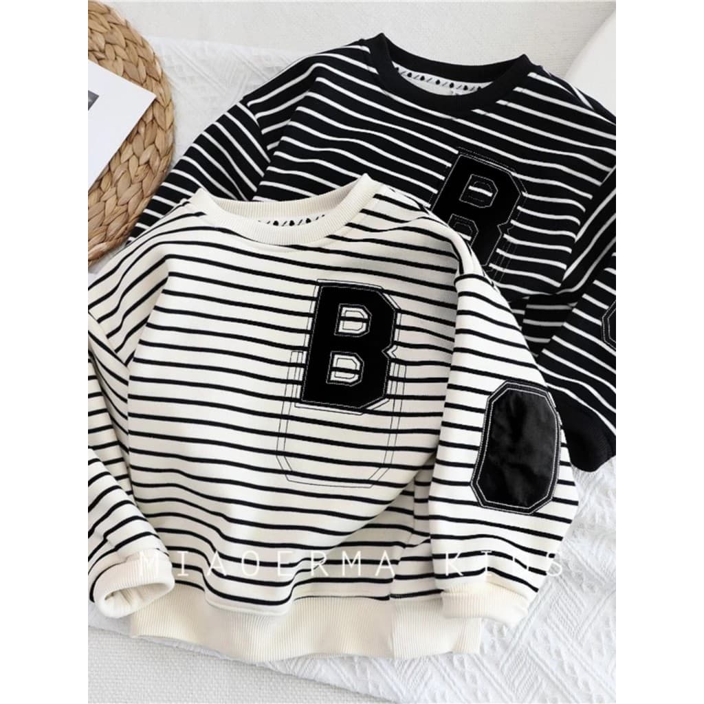 Moletom infantil primavera outono forro de lã novo estilo 2026 novo estilo meninos listrado bordado Casual topos médio g