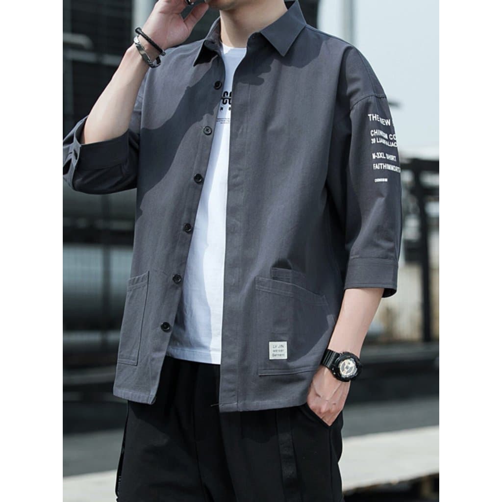 Jaqueta de manga de três quartos casual tamanho grande meia manga camisa casual de manga curta camisa da moda masculina