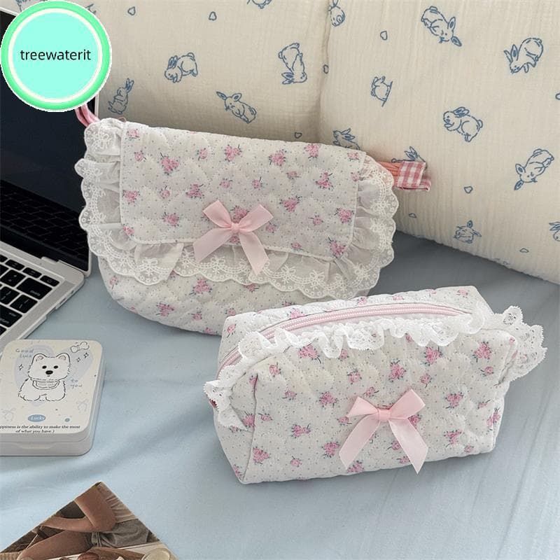 treewaterit Urso Fofo Doce Coração Arco Rosa Renda Bolsa Cosmética Grande Capacidade Portátil De Armazenamento De Viagem
