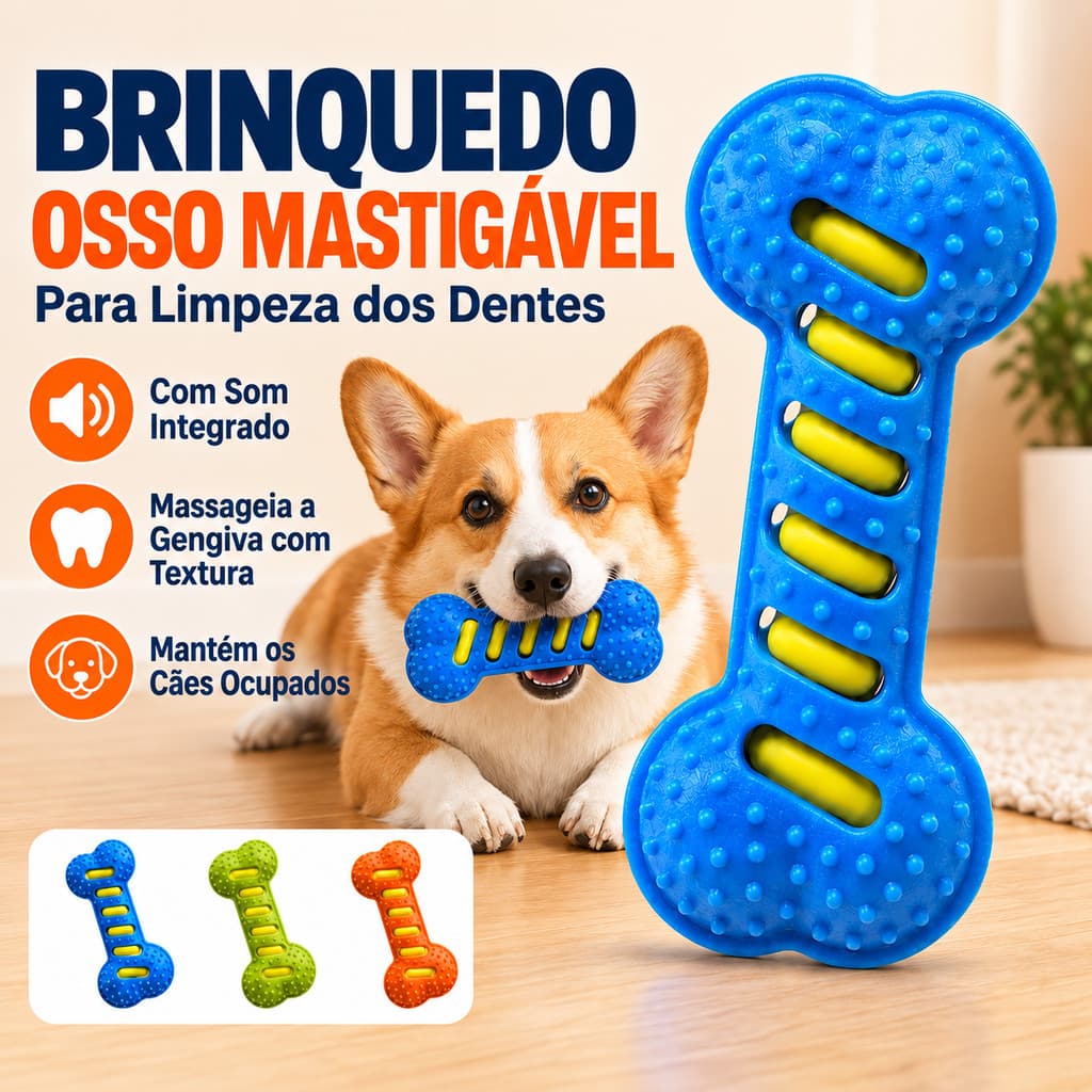 Brinquedo Cachorro Mordedor Osso com Apito Borracha TPR Som Saude Bucal
