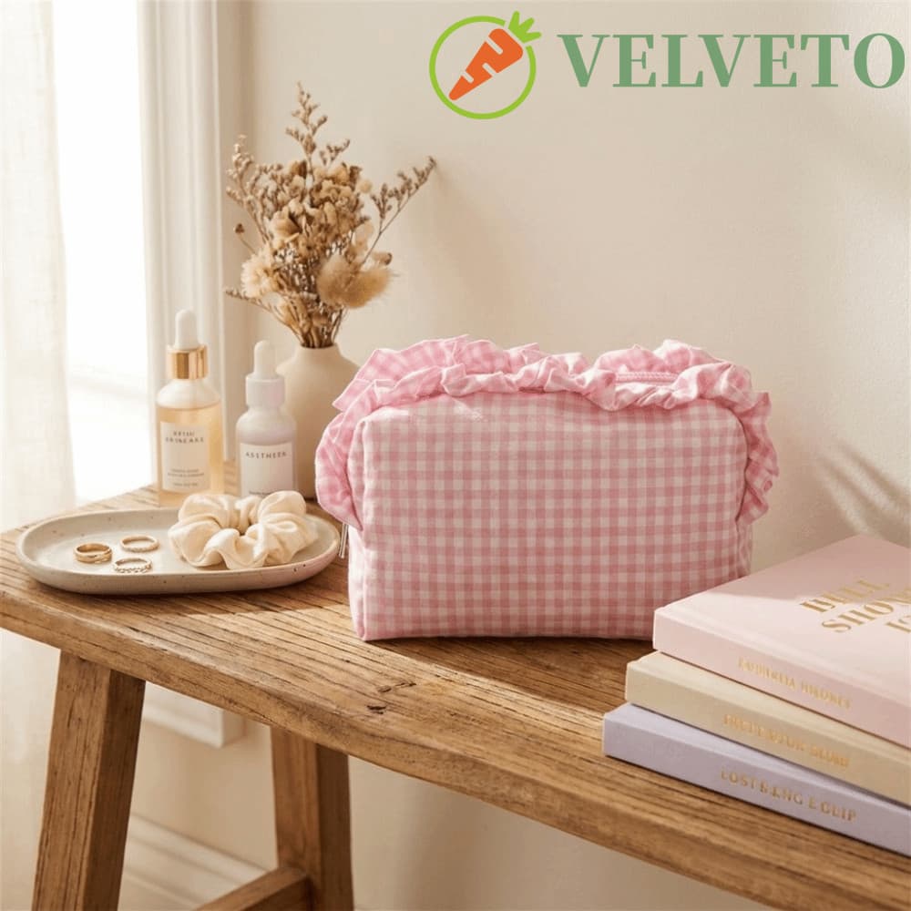 Bolsa De Maquiagem Com Borda Plissada ELVETO , Cosmética Acolchoada Fecho De Zíper E Padrão Xadrez , Grande Capacidade