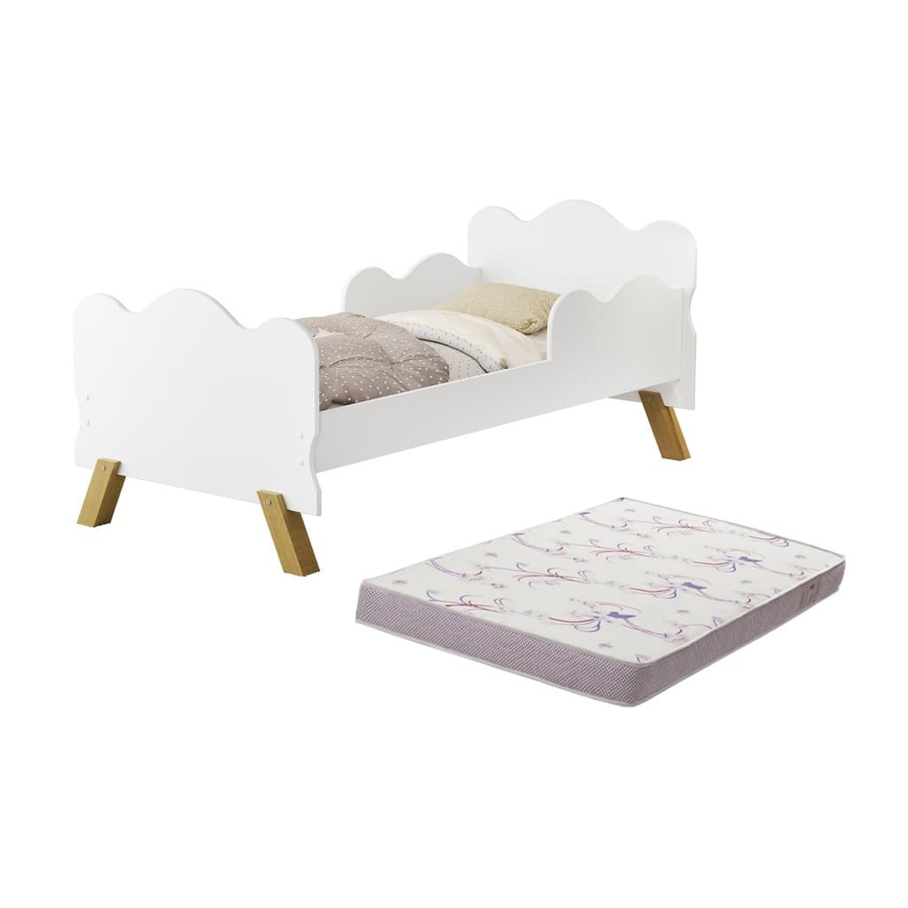 Cama Infantil MDF Com Grades Arredondadas E Colchão