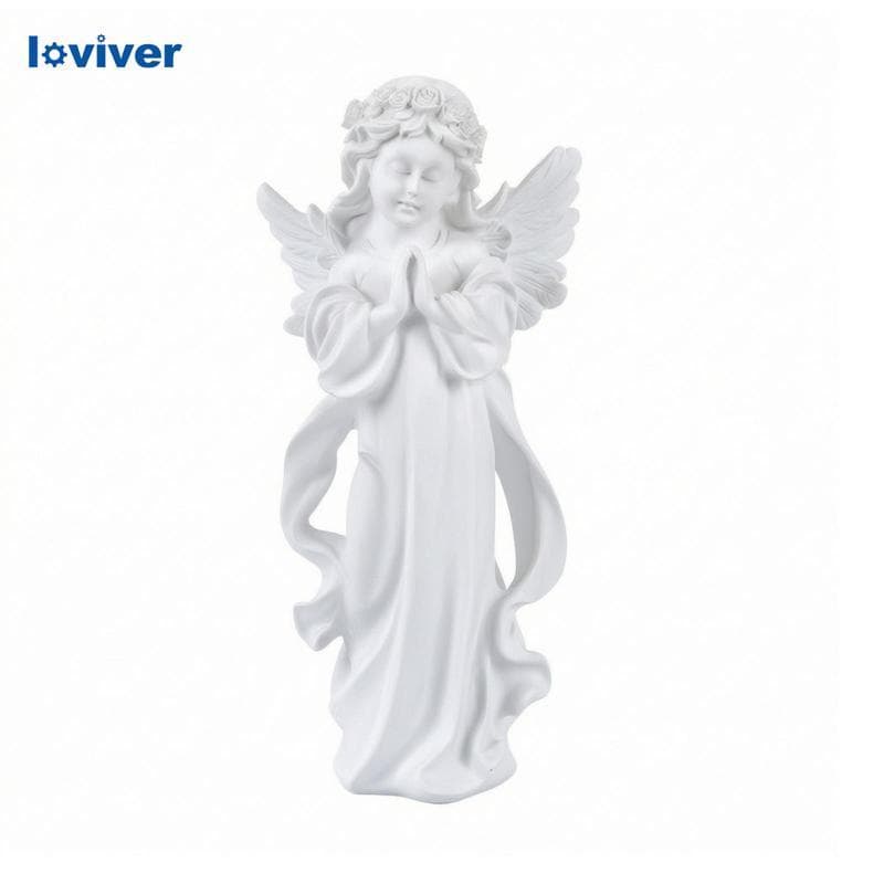 Estatueta De Anjo Branco Com Coroa De Flores , Decorativa , Alegre