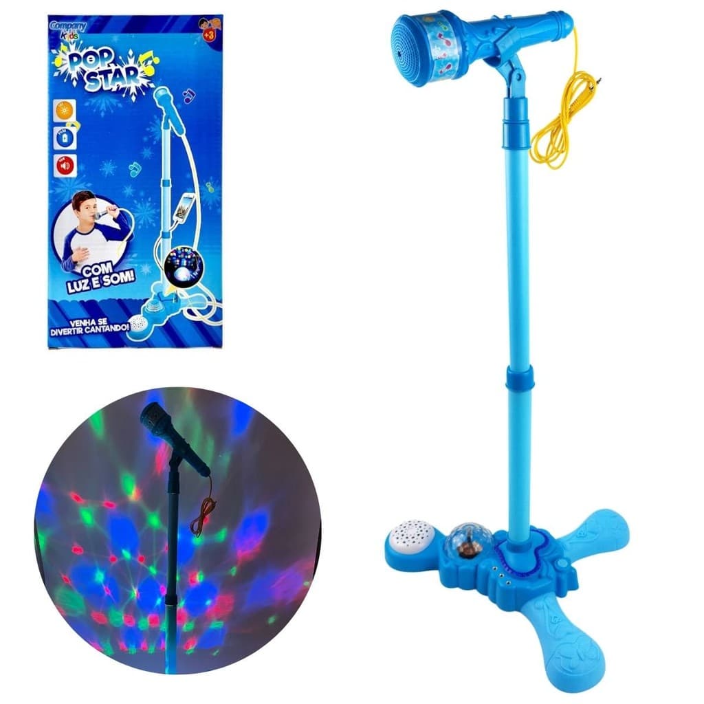 Microfone Infantil Karaokê Luz Som Pedestal conecta celular