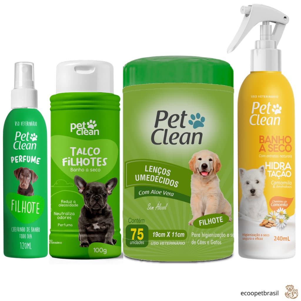 KIT Banho a Seco Premium, Talco, Lenços Umedecidos e Perfume Filhote Pet Clean Para Cachorro e Gatos