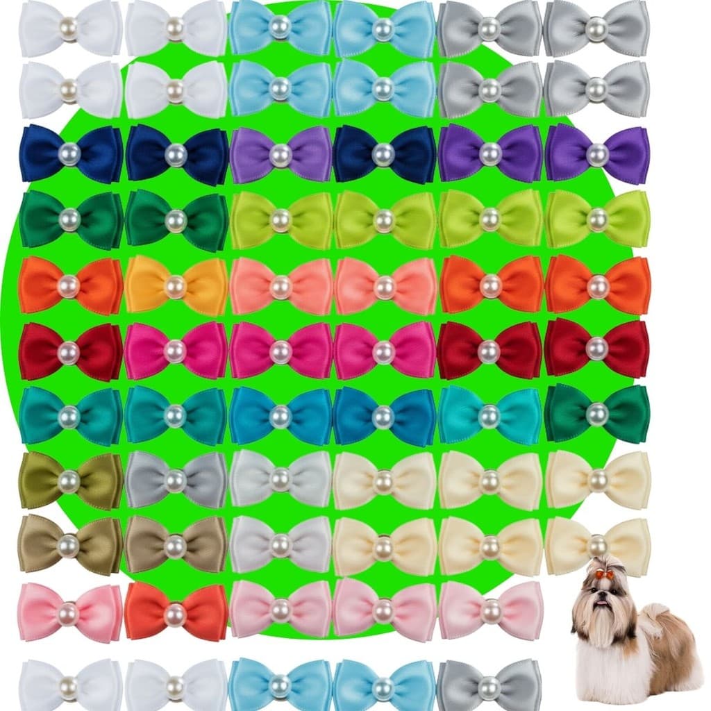 Kit 80 Laços Cetim Premium Atacado Sortidos Pet Shop Banho Tosa p/ Cachorro Cão Pequeno Médio Porte