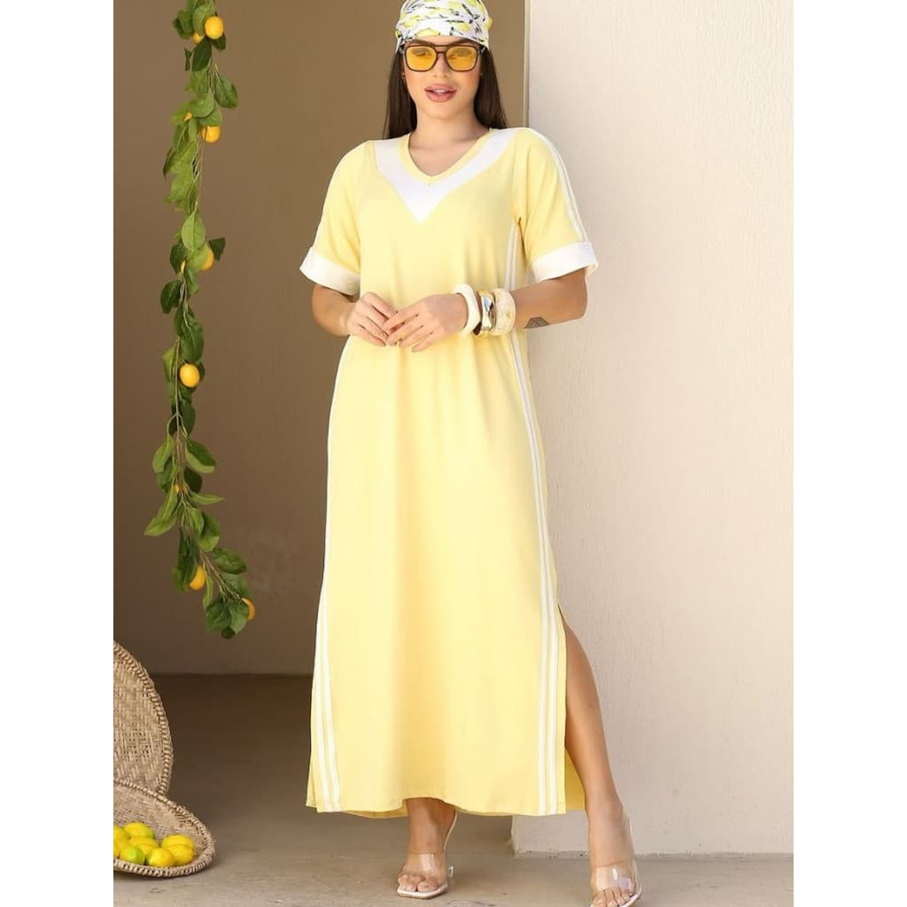 Vestido Longo Fendas e Risca Lateral Bloco de Cores Casual Algodao Leve Verao