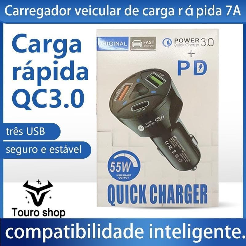 Carregador Veicular Carro Turbo Universal 3 Portas Usb 1 Porta 3.0 Quick Charger